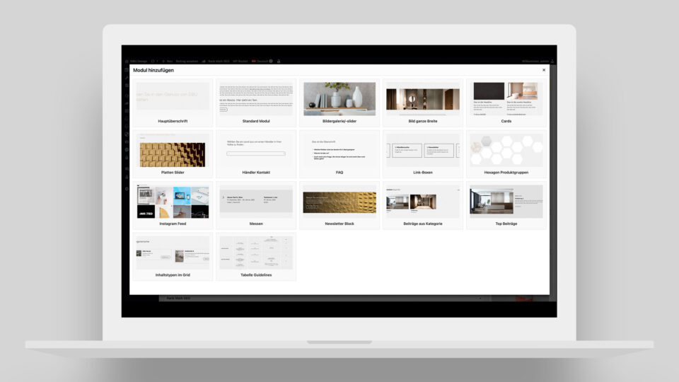 Individueller Modulbaukasten für Content-Erstellung in Wordpress Websites Digitale Markenstrategie für mittelständische Betriebe. Webentwicklung und Design einer Website für Designpaneele Hersteller in Oberösterreich.