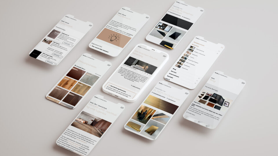Übersicht mobile Website. Adaptives fluid-responsive Layout. Digitale Markenstrategie für mittelständische Betriebe. Webentwicklung und Design einer Website für Designpaneele Hersteller in Oberösterreich.