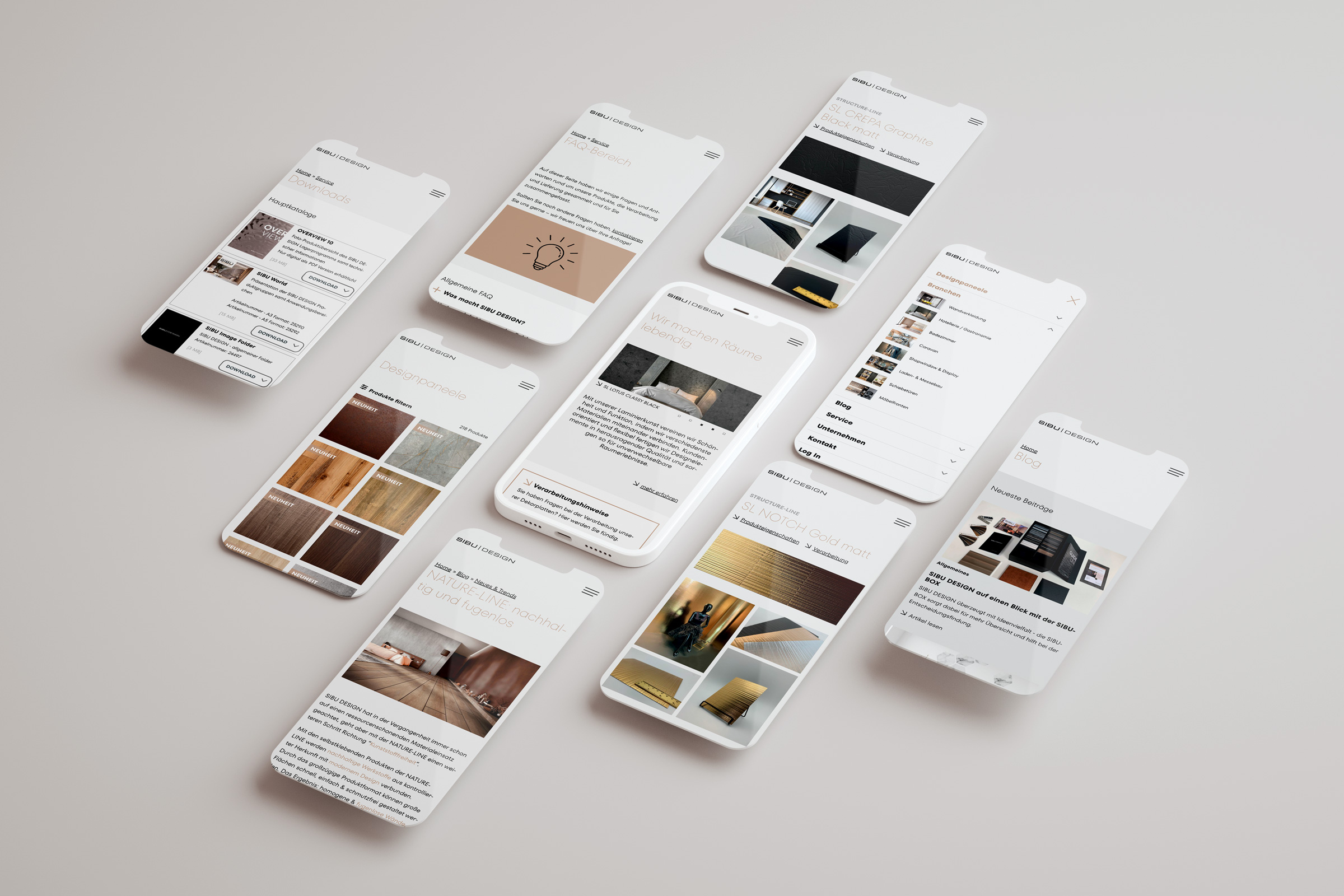 Übersicht mobile Website. Adaptives fluid-responsive Layout. Digitale Markenstrategie für mittelständische Betriebe. Webentwicklung und Design einer Website für Designpaneele Hersteller in Oberösterreich.