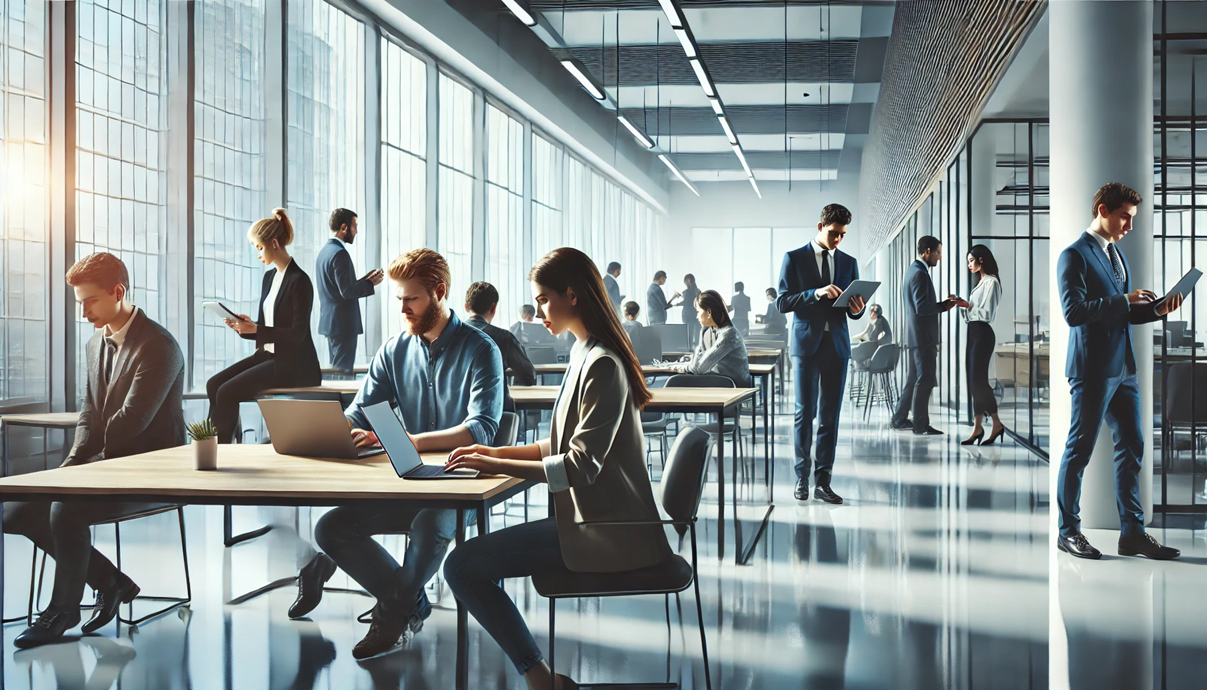 KI-generiertes Bild eines Office mit Menschen, die auf ihren elektronischen Geräten Reviews abgeben.