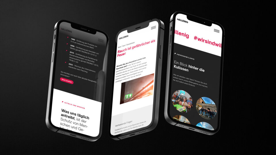 Mobile Ansichten von Seiten der WILLENIG Website