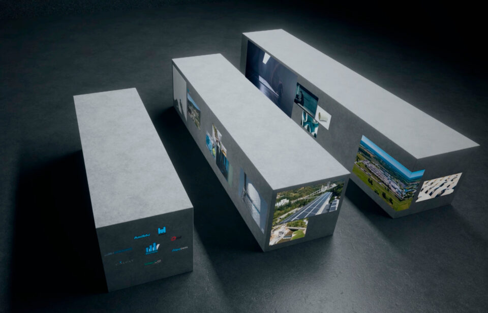 3D Logo von Wietersdorfer in Betonoptik mit Filmprojektionen