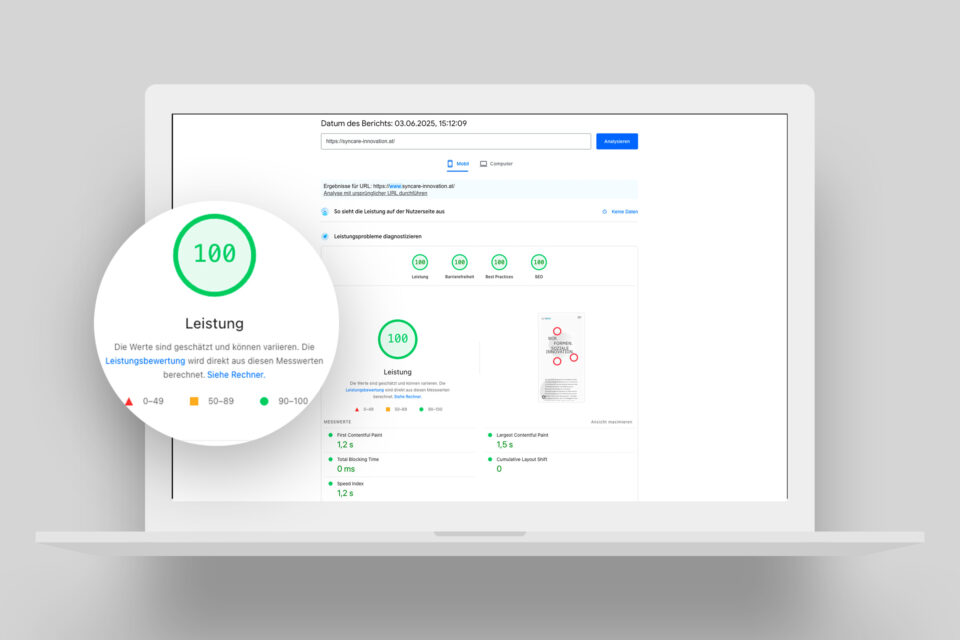 Syncare Website - Google PageSpeed Scores von 100/100/100/100