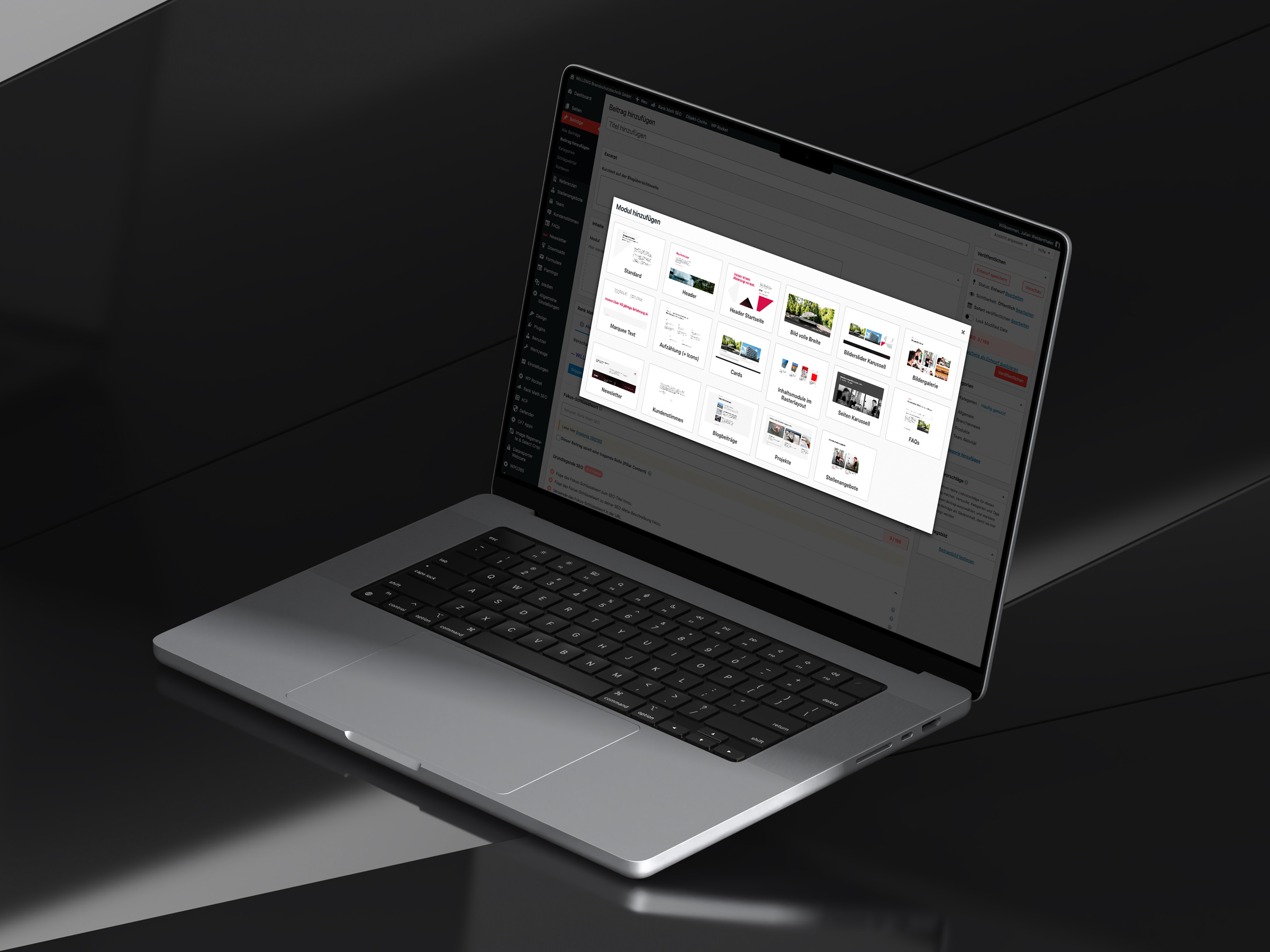 Wordpress für B2B-Websites. Laptop mit Modulauswahl für eines unserer Custom-Wordpress-Themes.